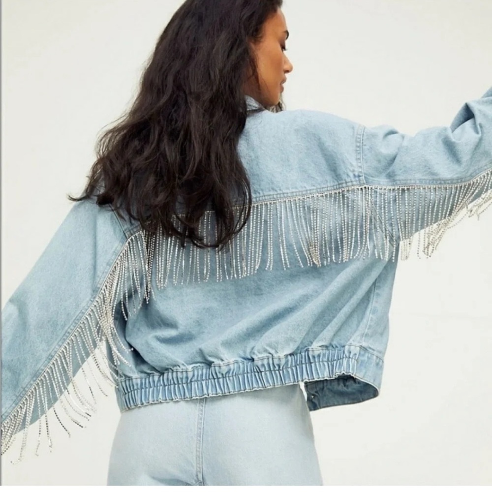 Free People Rhinestone Fringe Denim Bomber Jacket Size Medium Worn Once